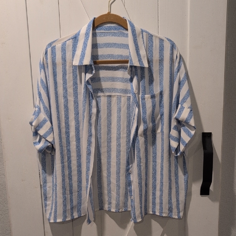 Chic Blue/White Striped Shortsleeve Blouse Shirt, Lightweight Flowy, Size Large